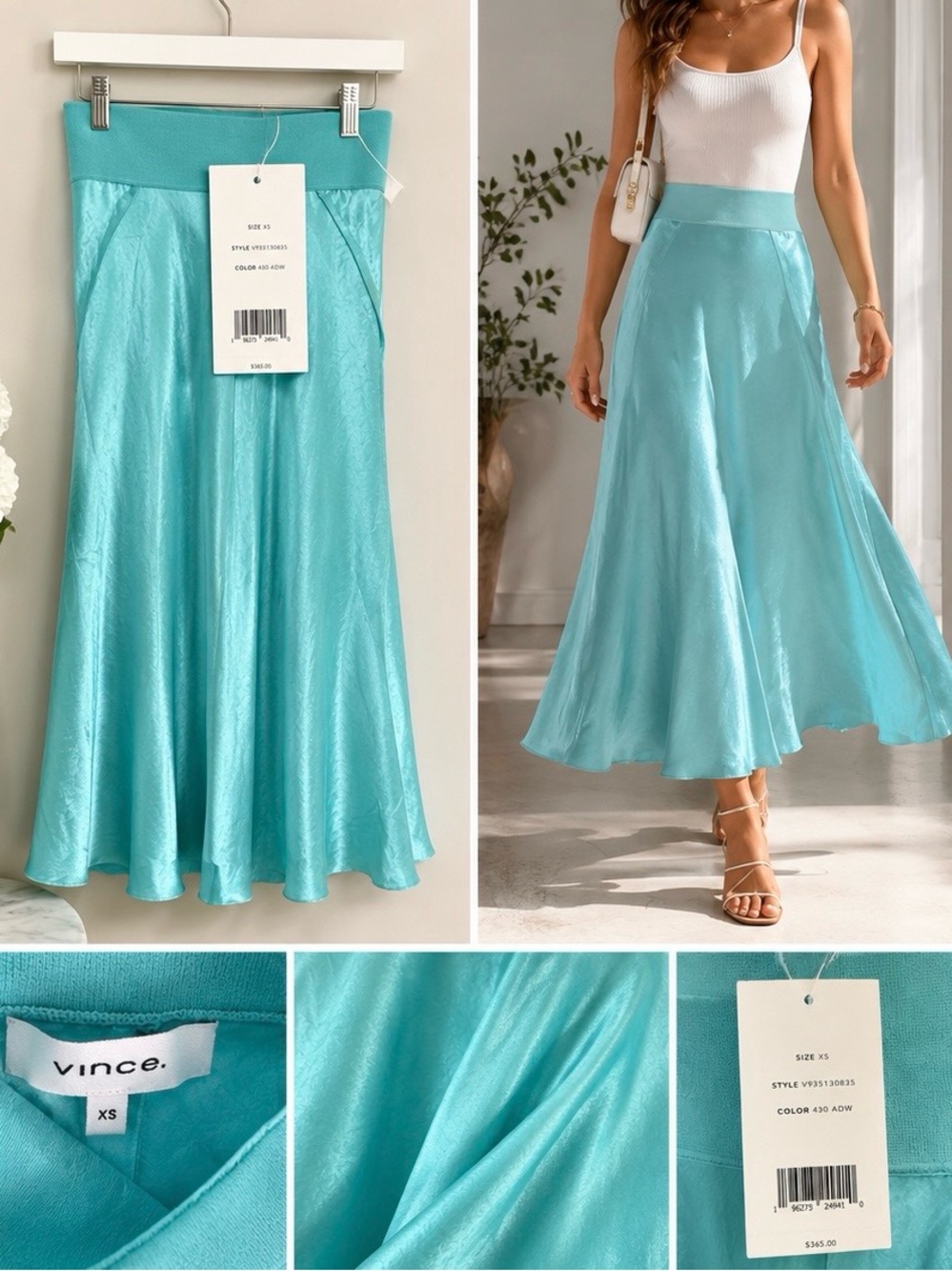 Vince Aqua Satin Maxi Skirt